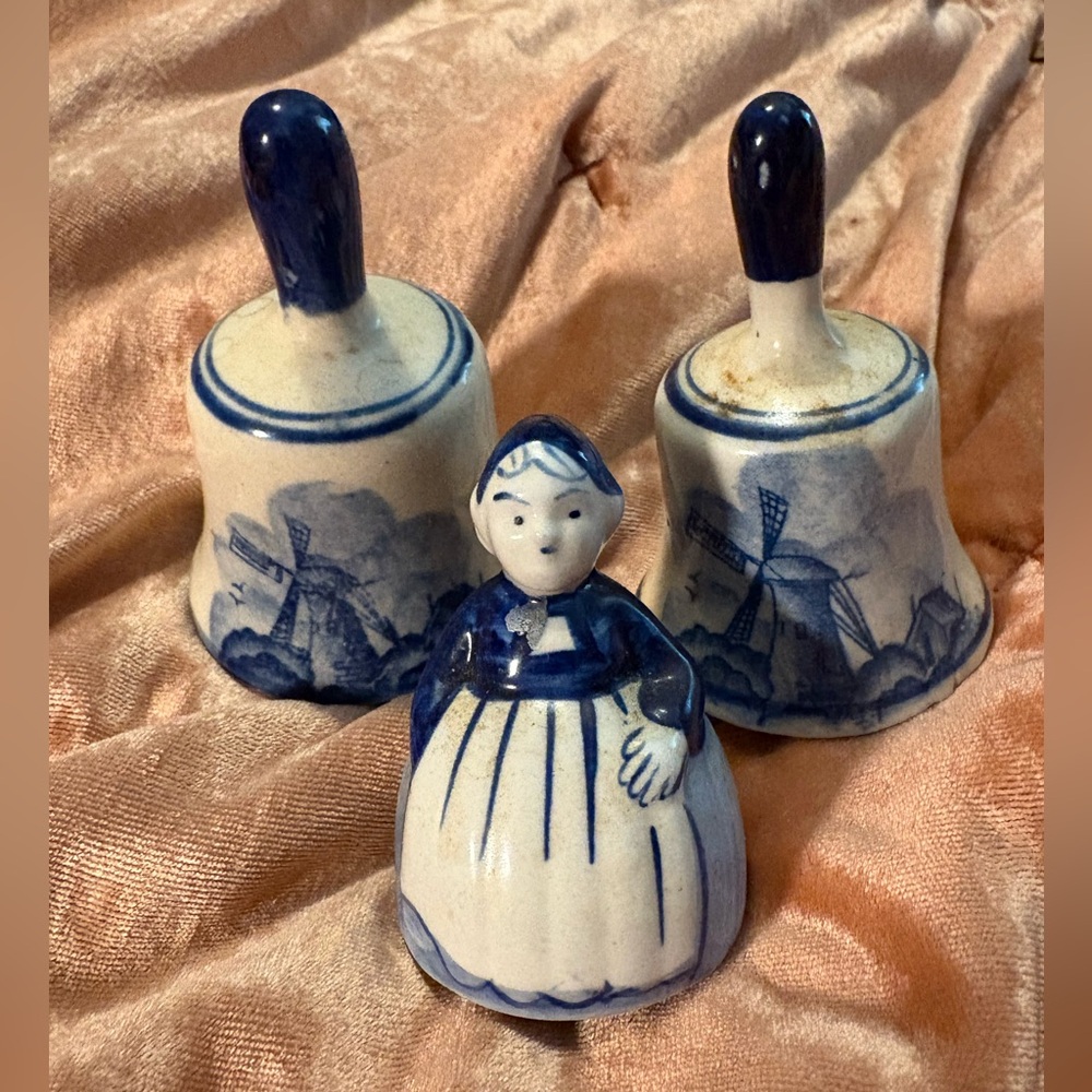 3 Dutch Delft Blue Bells Hand Painted Holland Netherlands MilkMaid Vintage Set
